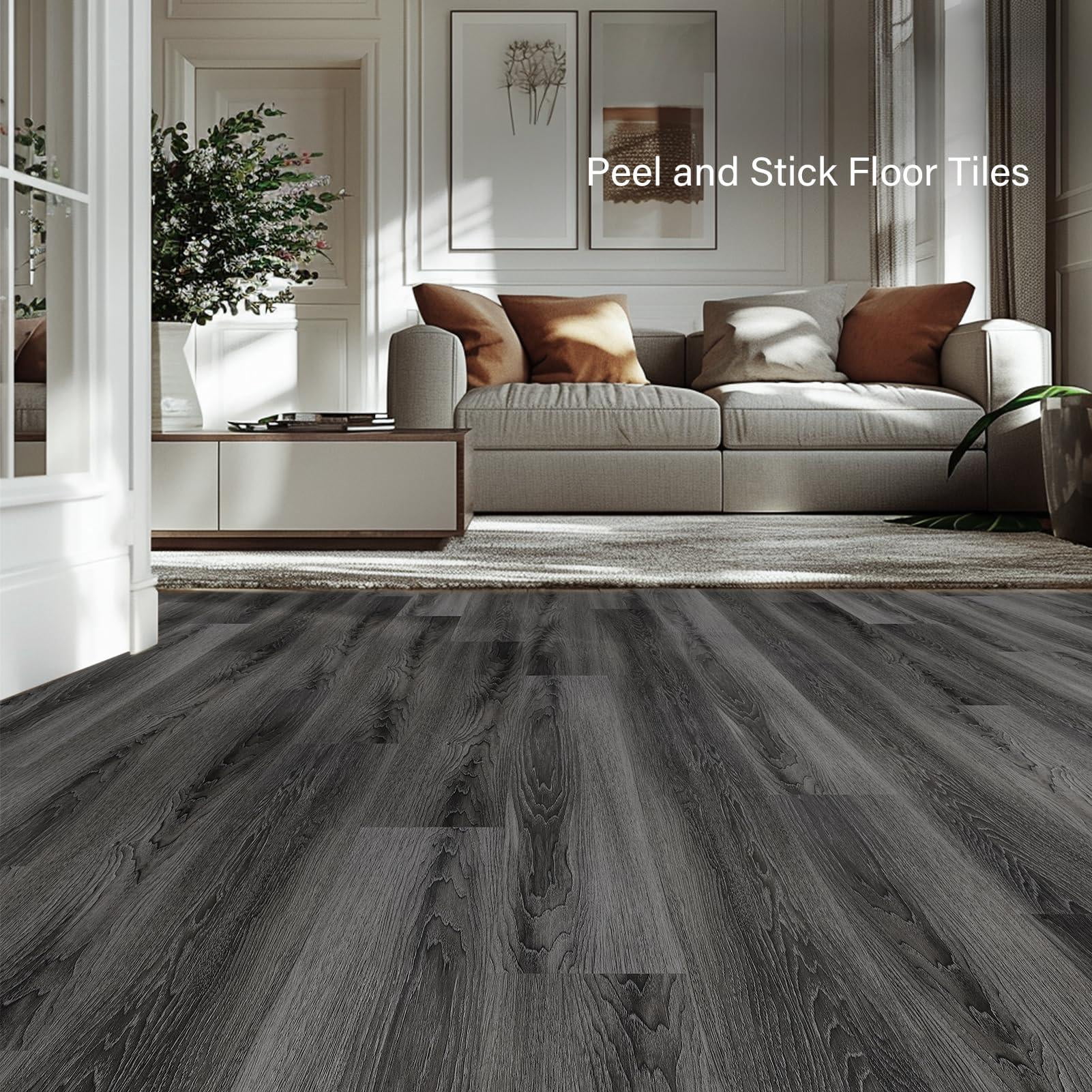 Peel And Stick Floor Tile Vinyl Flooring  Waterproof Plank 36-pack 54 Sq.ft Wood Grain Self Adhesive For Bedroom Living Room Kitchen Rv(deep Gray)