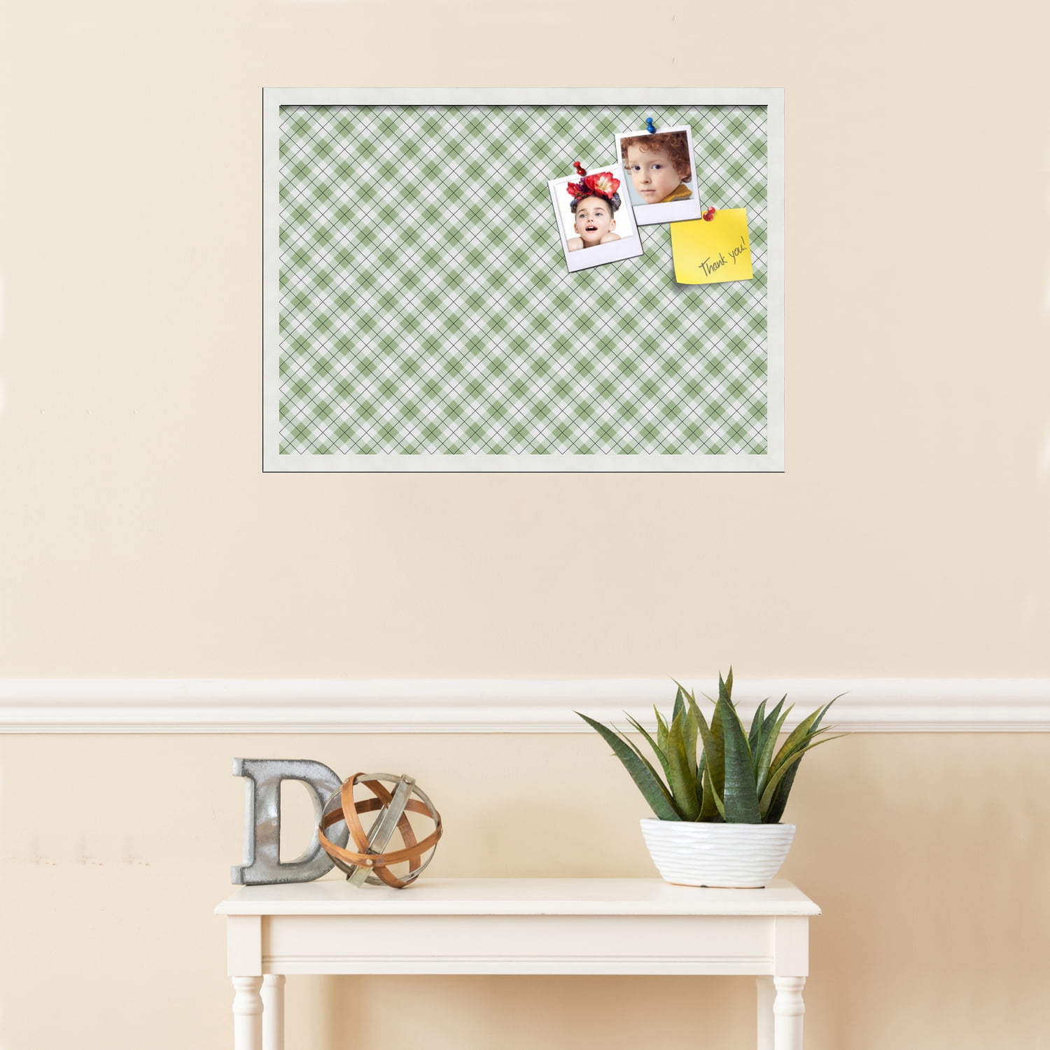 PinPix ArtToFrames 26x18 Custom Cork Bulletin Board Argyle Lime Green   Poster Board Has a Fabric Style Canvas Finish, Framed in Satin White Frame (PinPix-641)