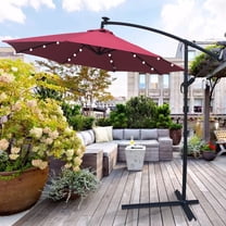 SYNGAR 10ft Outdoor Patio Umbrella, LED Solar Power Hanging Umbrella with Solar Panel, 24 LED Bulbs, Crank & Cross Base, UV Protection Patio Offset Umbrella for Yard, Garden, Poolside, Burgundy, D106