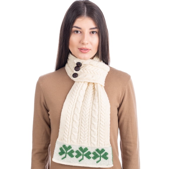SAOL Irish Aran Shamrock Knitted Scarf 100% Soft Merino Wool Women`s Warm Button Closure Loop Scarf from Ireland
