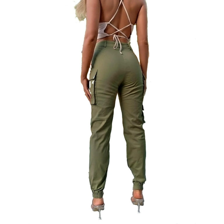 YYDGH Women Casual Trousers 4 Buckle Side Snap With Pockets Zipper Long  Pants Army Green S