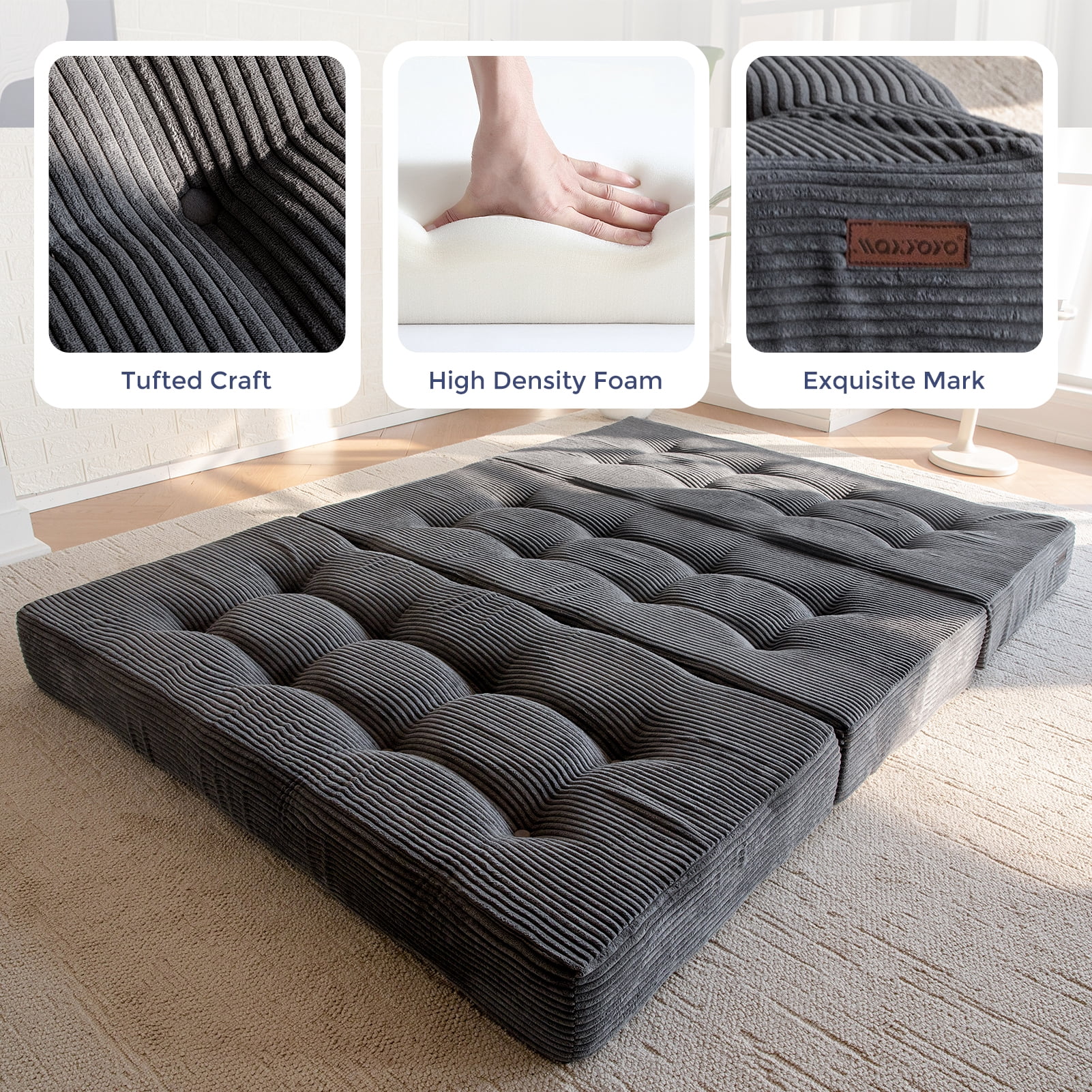 BYBYME 6 Inch Tri-Fold Mattress,Corduroy Folding Mattress,Filled with Whole Foam,Memory Foam Mattress Topper,Suitable for Sleeping,Camping,Full,Dark Gray