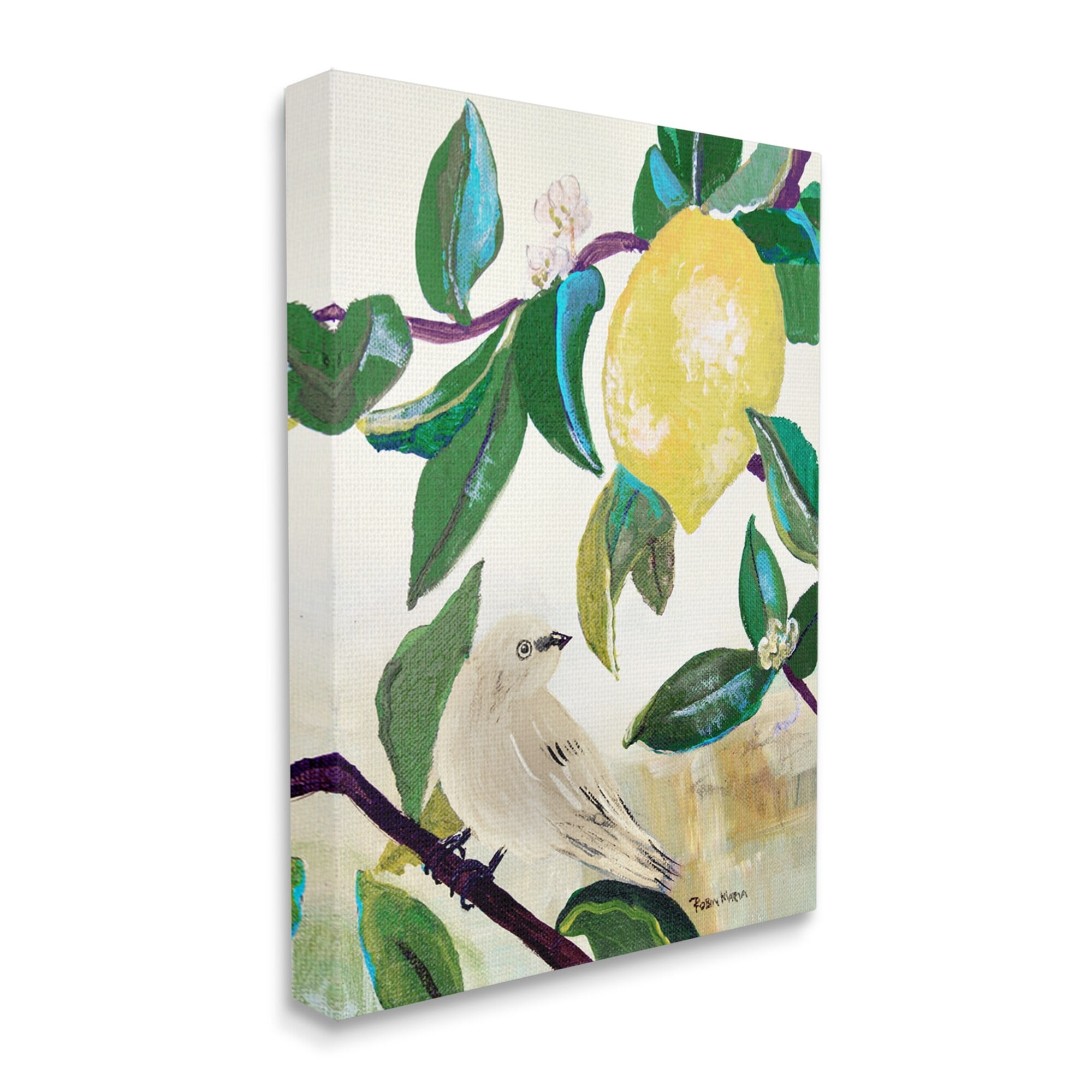 Stupell Industries Vivid Yellow Lemon Citrus Fruit Bird Perched Painting Gallery Wrapped Canvas Print Wall Art, Design by Robin Maria