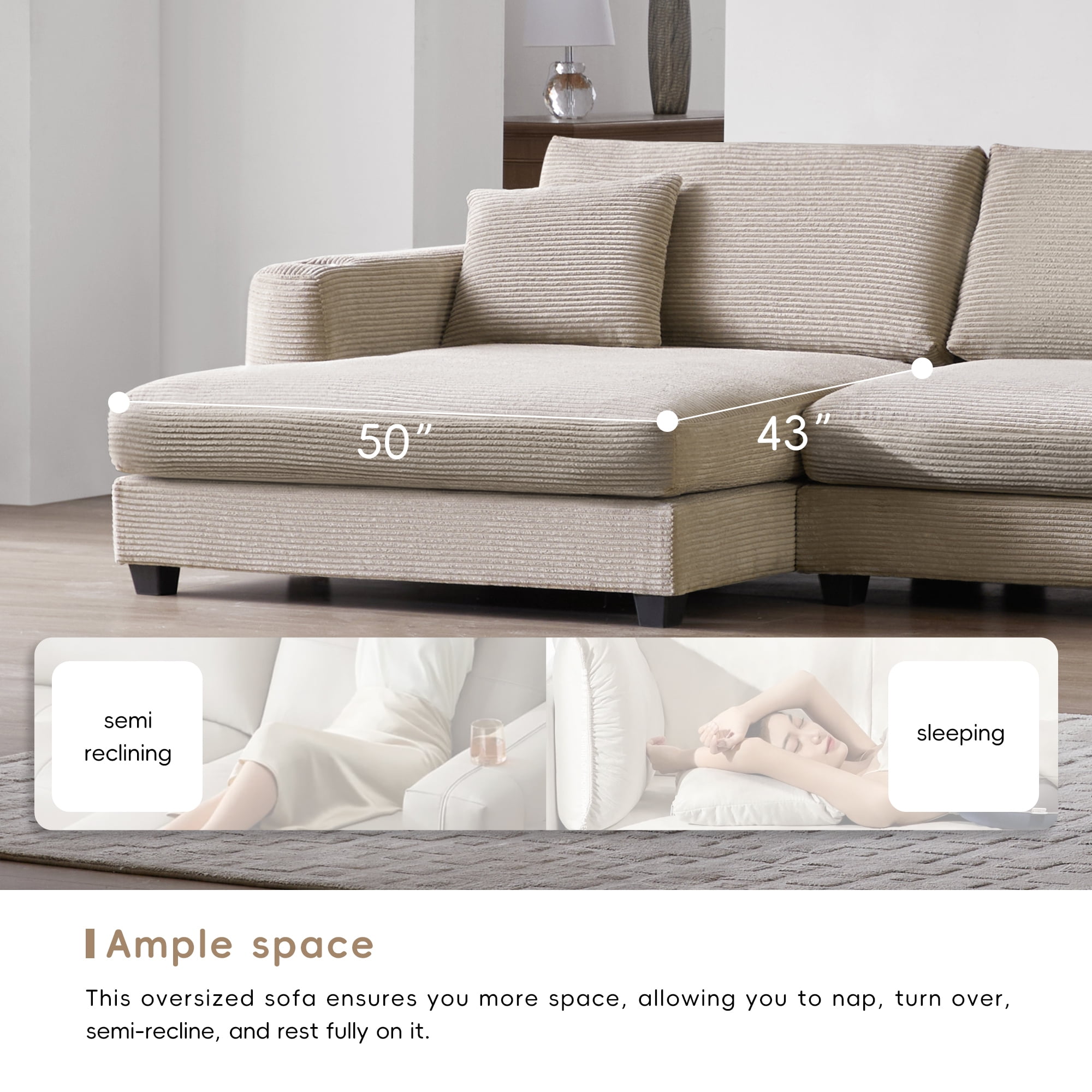 EUROCO 134" Oversized L Shaped Sectional Sofa Couch, 4 Seat Corduroy Deep Seat Sofa Bed with USB Charging Port, Cup Holder and 50" Chaise, Comfy Indoor Furniture for Living Room, khaki
