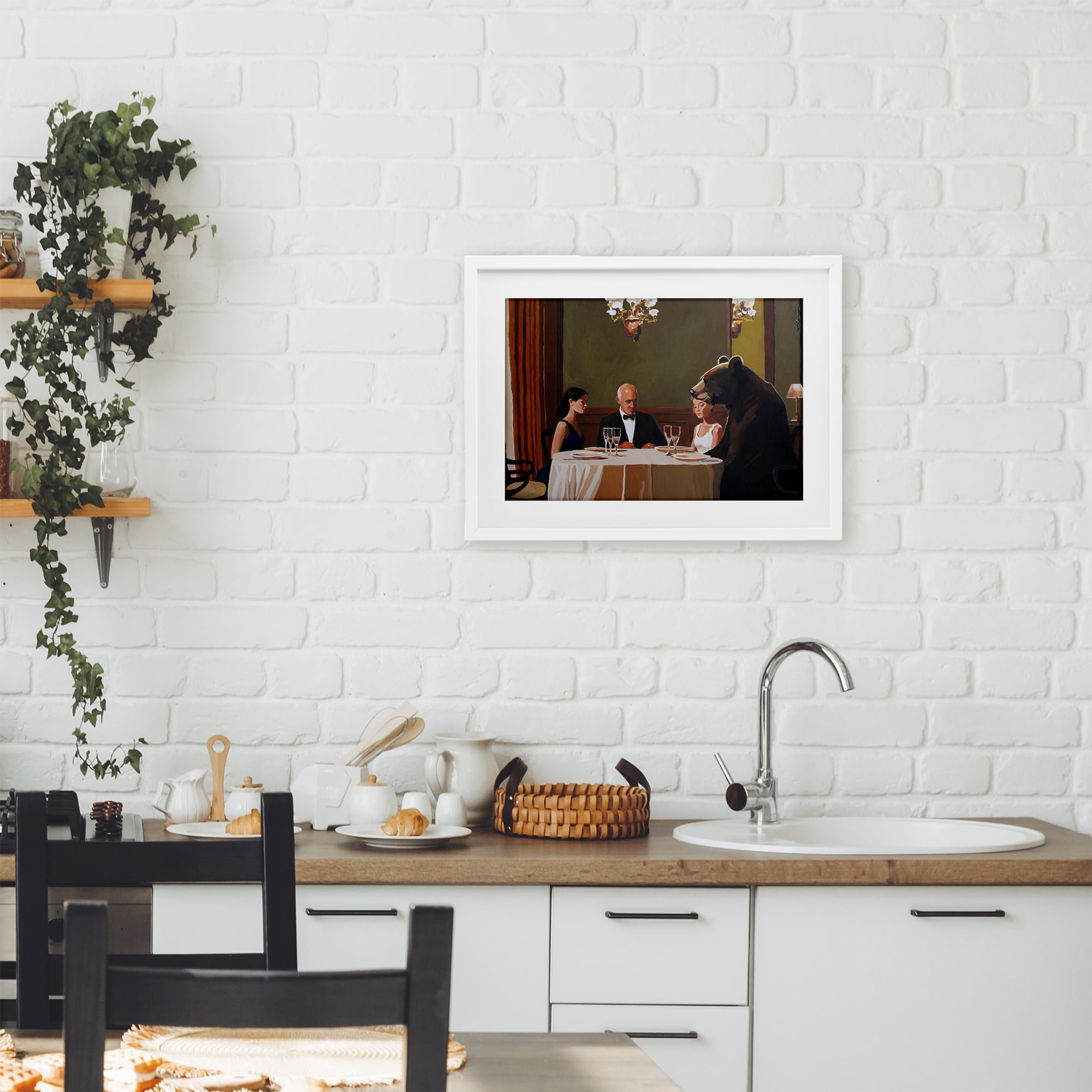Dinner Guests & Steve White Framed Print Under Glass, design by Keith Thomson