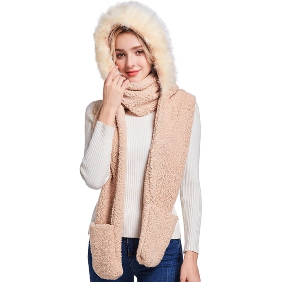 Womens Winter Sherpa Hooded Scarf with Faux Trim, 3-in-1 Hat Gloves Set