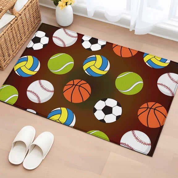 Brown Balls Bathroom Rug Washable 2x3 Entryway Rug Non Slip Baseball Tennis Basketball Football Front Door Mat Low Pile Indoor Doormat Throw Floor Carpet for Kitchen Bedroom Entrance