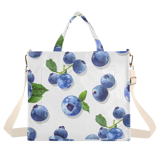 Blueberries in White Corduroy Tote Bag Handbag Large Messenger Bag Shoulder Crossbody Zipper Bag Purse