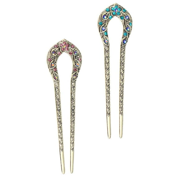 2pcs Metal Hair Fork, Vintage Crystal Flower Hair Stick Decorative Chignon Hair Pins for Women (Purple and Blue)