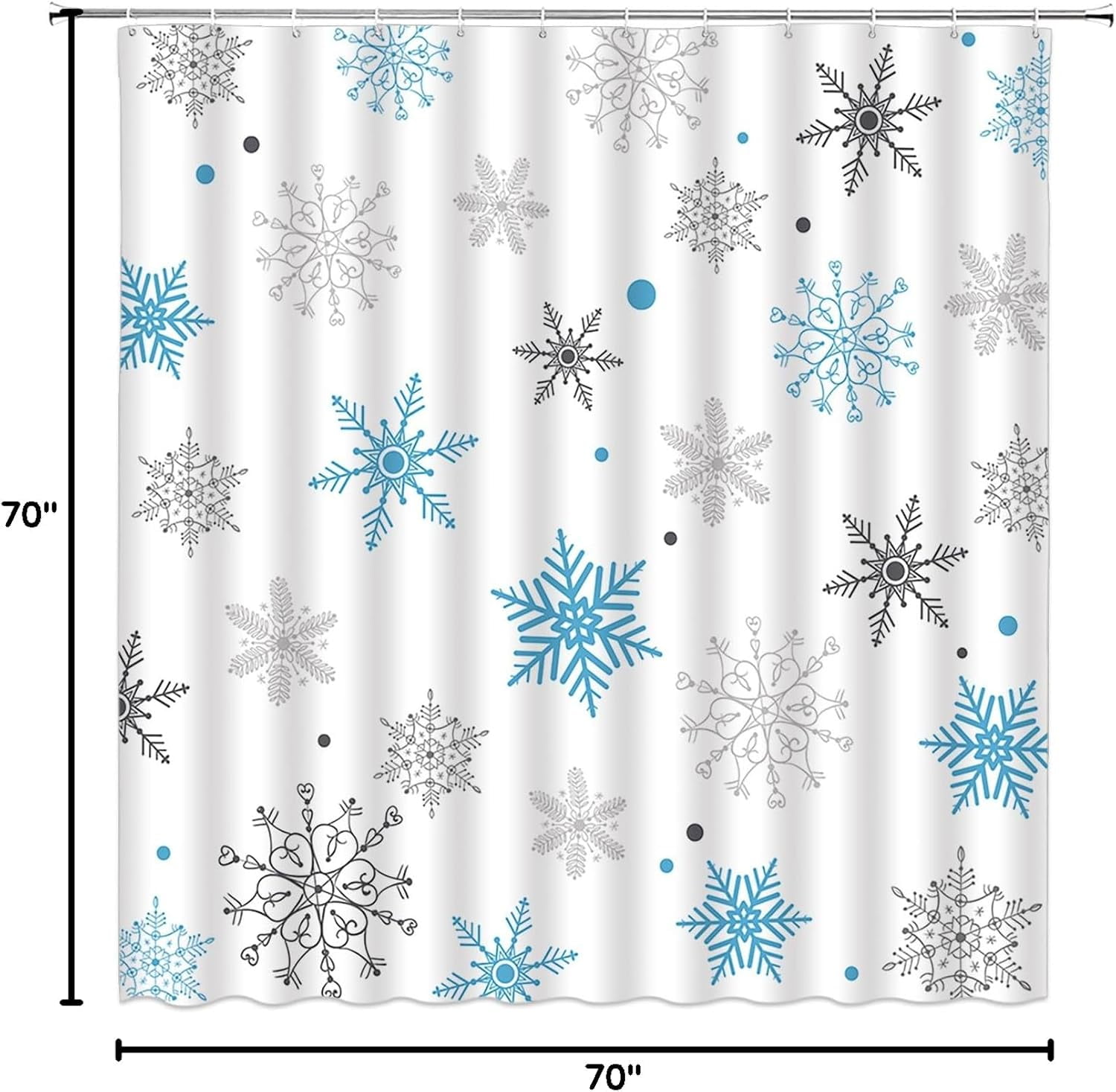 Christmas Snowflake Shower Curtain Winter Snowy Blue Gray Merry Christmas Holidy Fabric Bathroom Curtain Set with Hooks(70" WX70 H)