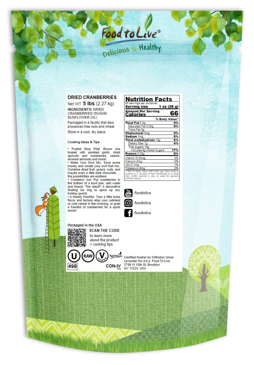 Dried Cranberries, 5 Pounds - Raw, Vegan, Kosher - by Food to Live
