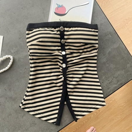 Strapless Tank Top for Women with Built in Bra Striped Off Shoulder Camisole Female Button Backless Split Camis Summer Dropship