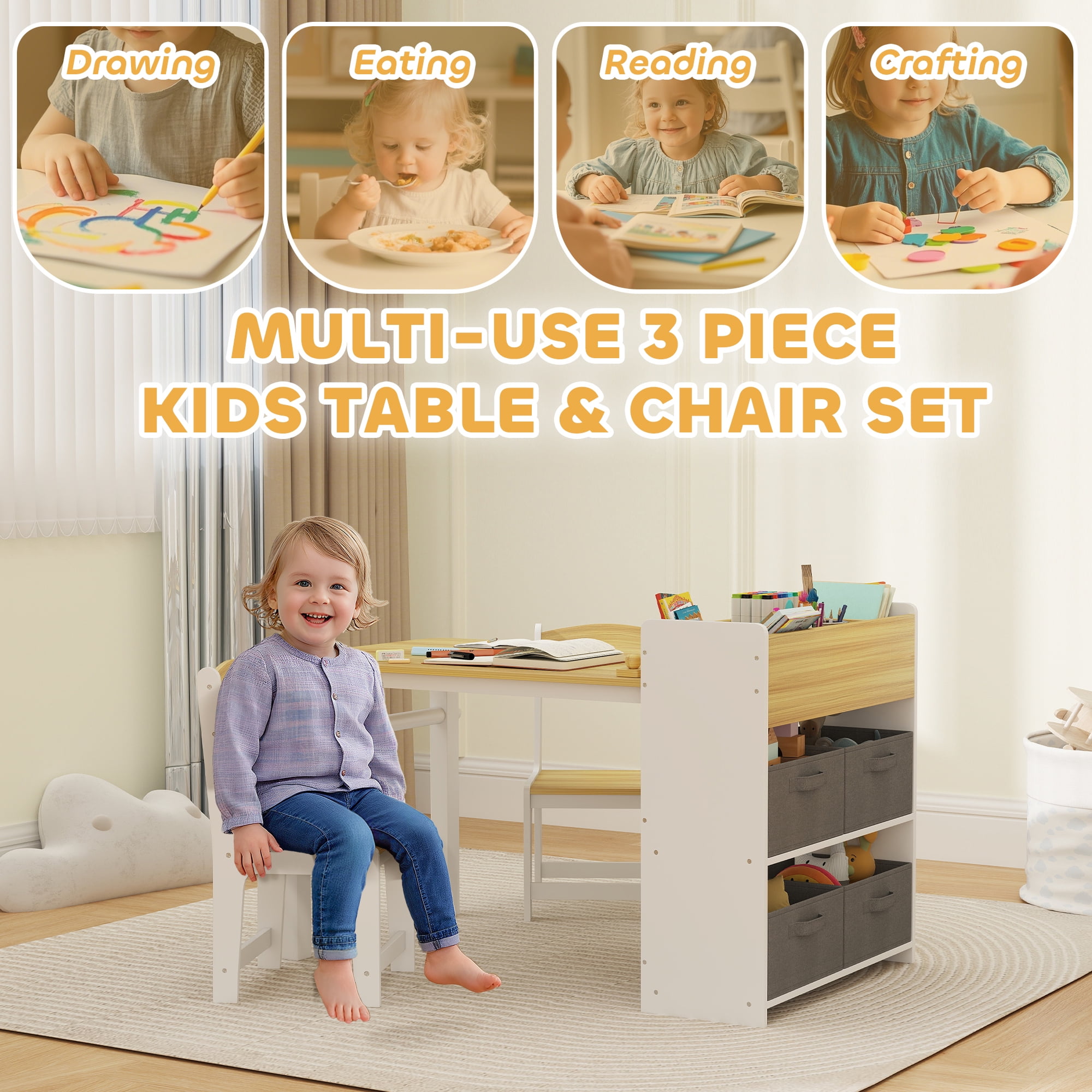 Qaba Kids Desk and Chair Set, Kids Art Table and Chairs Set with Paper Roll, Storage Shelves and Drawers, for Writing Drawing Aged 3-8, Natural Wood