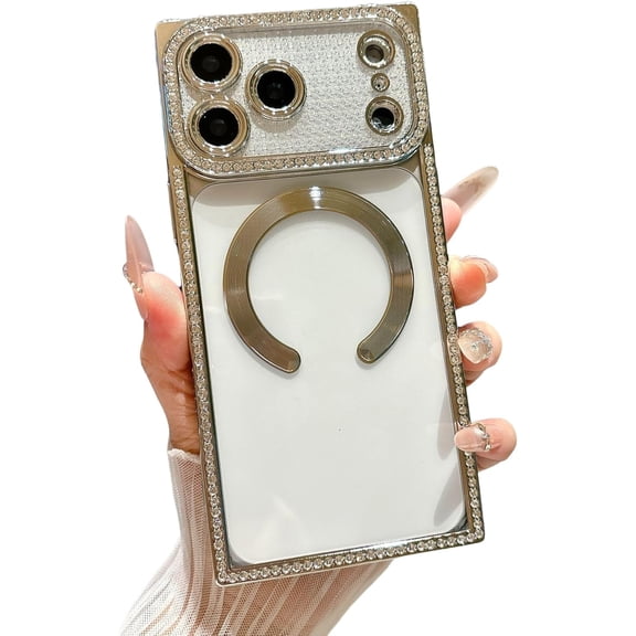 Glitter Bling Diamond Edge Magnetic Phone Case for iPhone, Compatible with (Silver,iPhone 16)