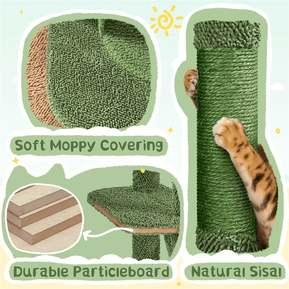 Alden Design 63″ H Multi-Level Cactus Cat Tree with Natural Sisal & Hanging Ball, Green/Brown