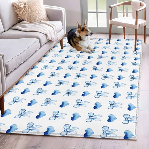 Blue Gradient Love Area Rug 3x5 Washable Rug Non Slip Sweet Bow White Retro Art Large Area Rug Indoor Floor Carpet for Entryway Bedroom Kitchen Living Room Home Office Dining Room Nursery