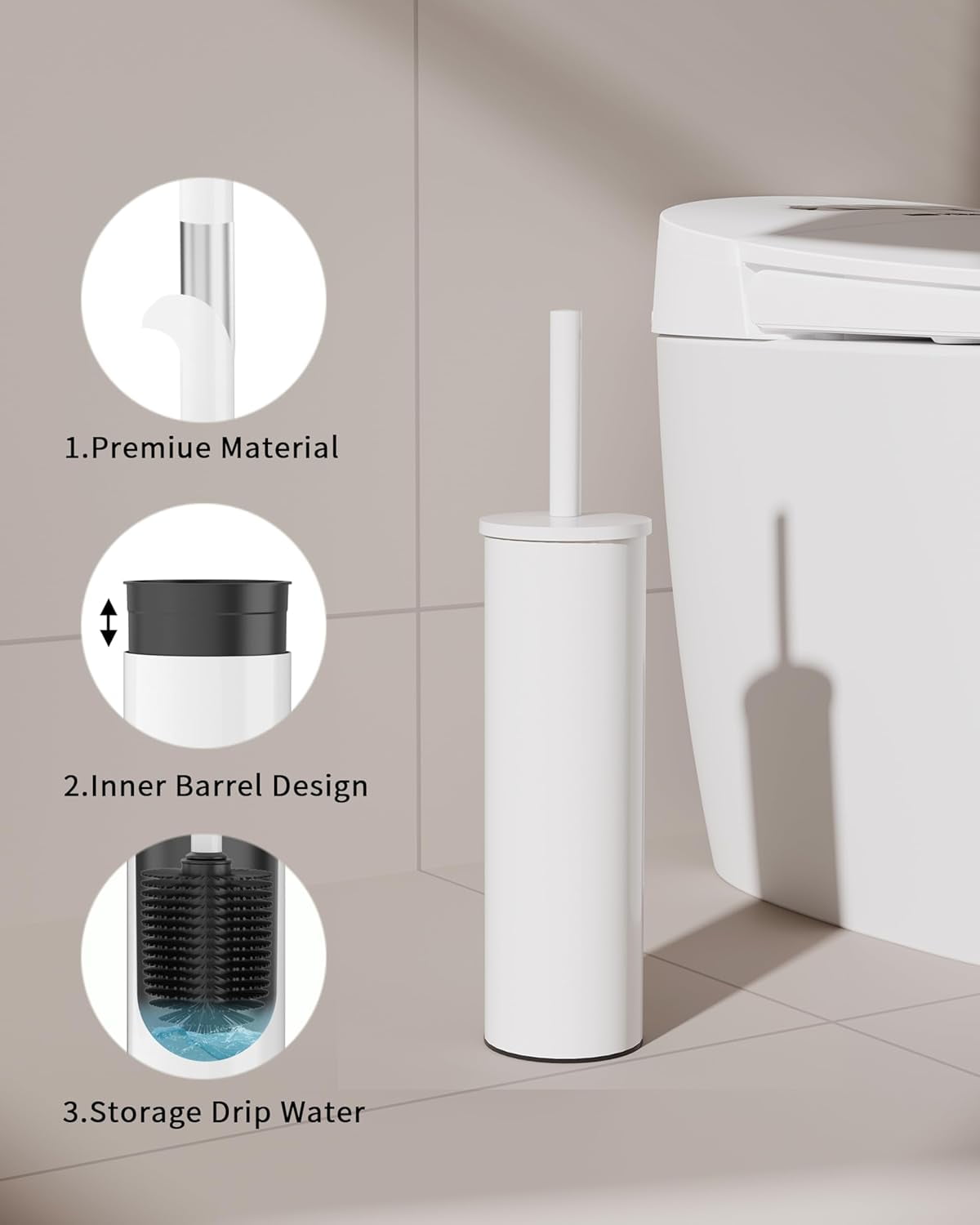 Toilet Brush and Holder Set, 2 Pack Stainless Steel Toilet Bowl Brush with Lid, Rust Proof Toilet Cleaner Brush with Caddy, Durable Bristles, Splash Proof, Ideal for Bathroom（White