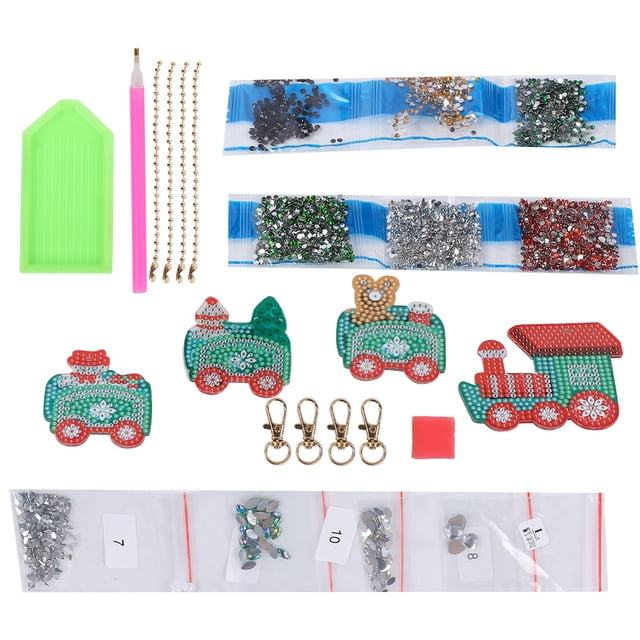 4 Uds. Llavero con pintura de diamante, adornos de equipaje DIY, manualidades, tren de Navidad para niños
