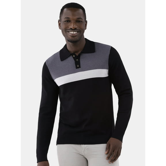 Tribekka 44 Men's Colorblock Button Polo Shirt with Long Sleeves, Sizes XS-3XL
