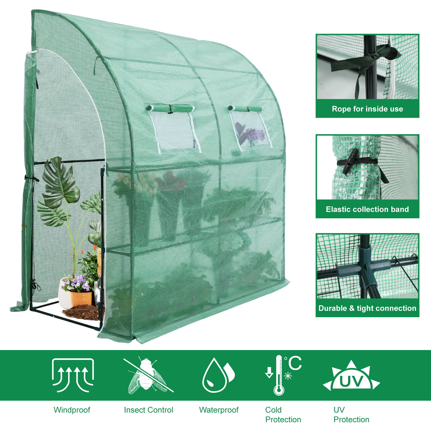ABCCANOPY Lean-to Walk-in Greenhouse, Portable Gardening Greenhouse for  Indoor Outdoor with Tier Shelves (Green PE Cover) …