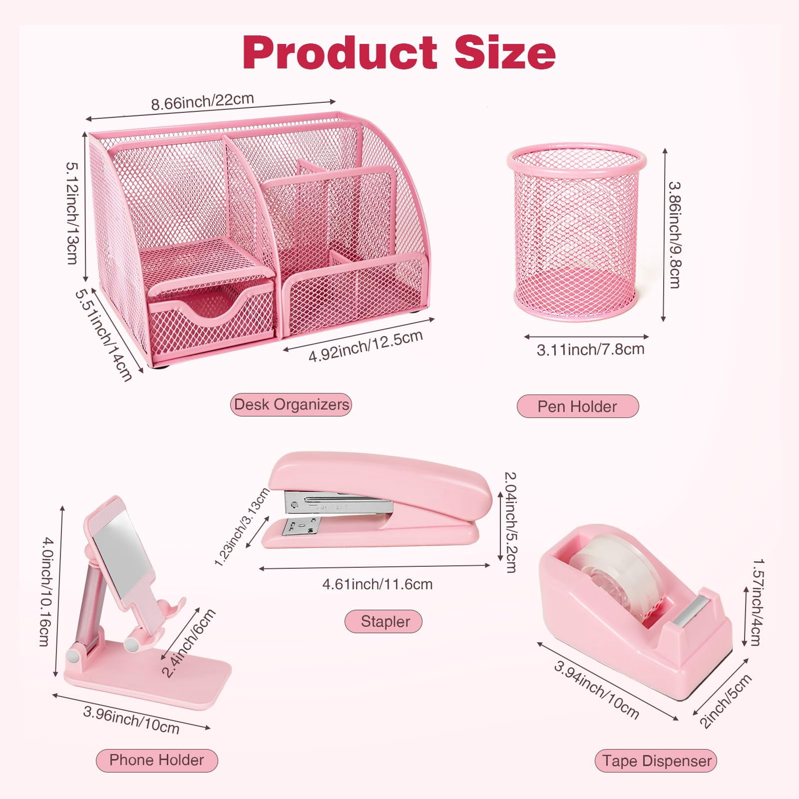 Desk Organizers And Accessories  Office Supplies 15ps Set With Stapler Staple Remover Pen Holder Clips Tape Dispenser Phone 1000 Staples Ruler (pink)