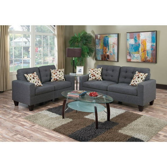 Modern 2 Piece Sofa Loveseat Set - Living Room Furniture, Blue Gray Fabric