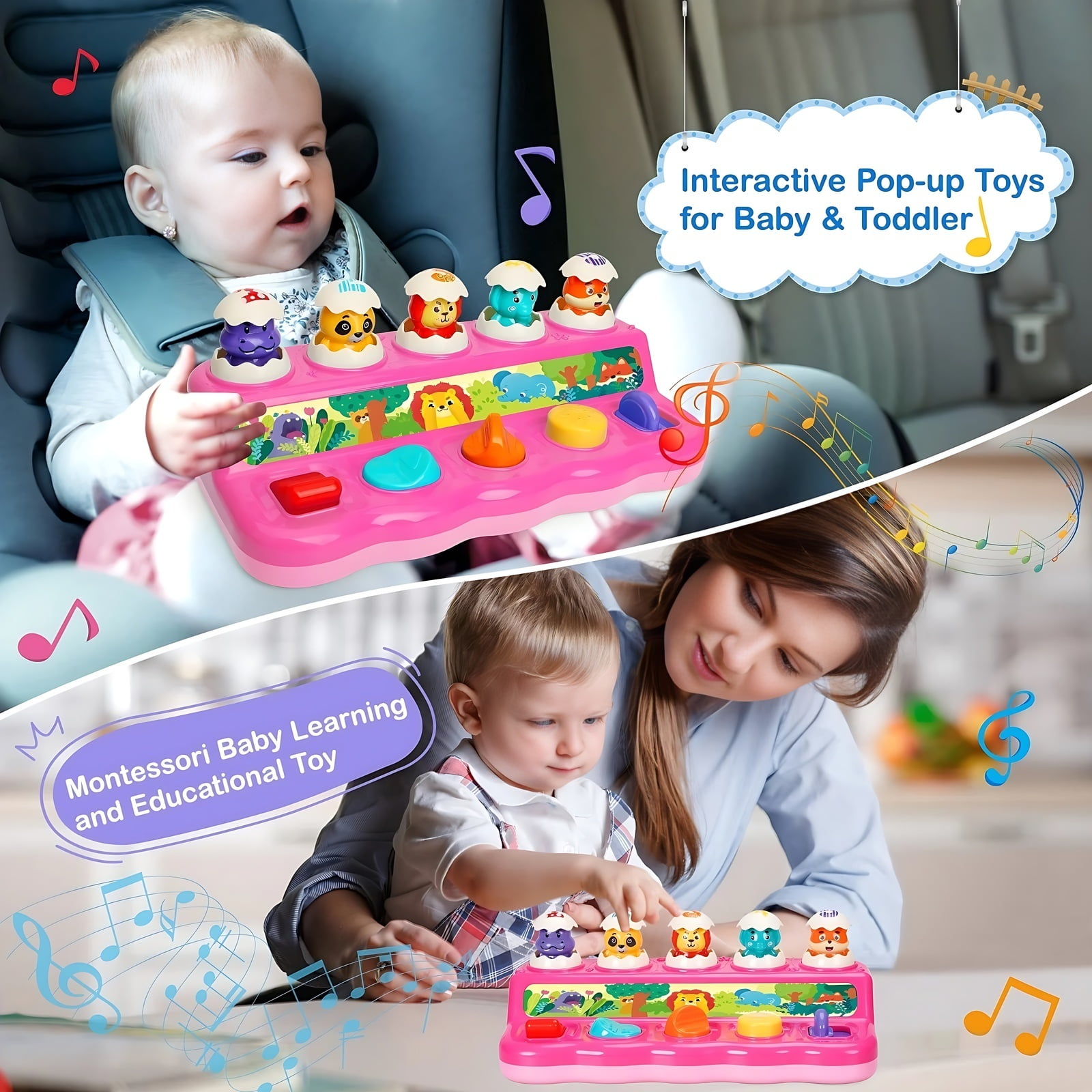 Wanonoo Interactive Pop Up Toys with Music & Light, Montessori Cause and Effect Toys for 1 Year Old Girl, Early Animal Learning Musical Baby Toys for 9-12-18 Months, Birthday Children's Day Gifts