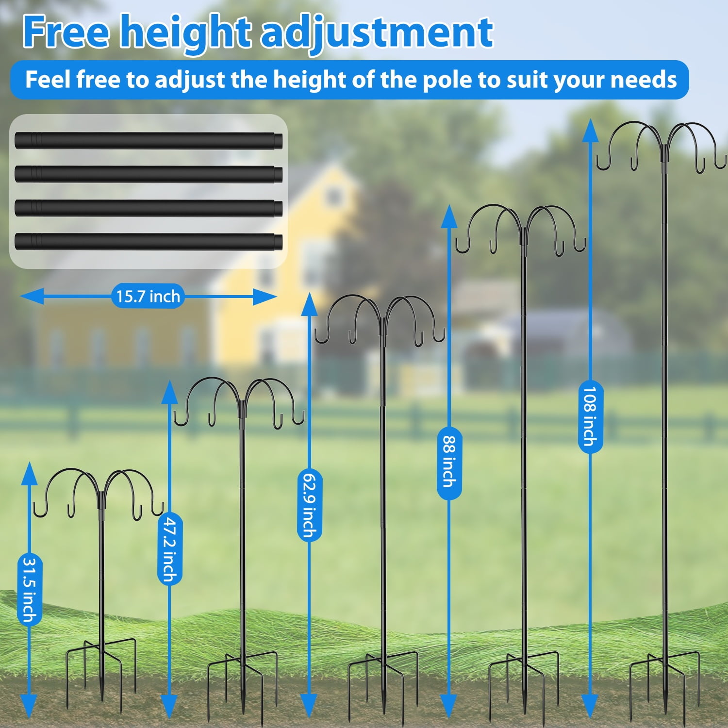 4-Hooks Shepherds Hooks for Outdoor, 88" Heavy Duty Bird Feeder Pole with 5 Prongs Base, Adjustable Garden Hook for Hanging Solar Light, Lanterns, Plant