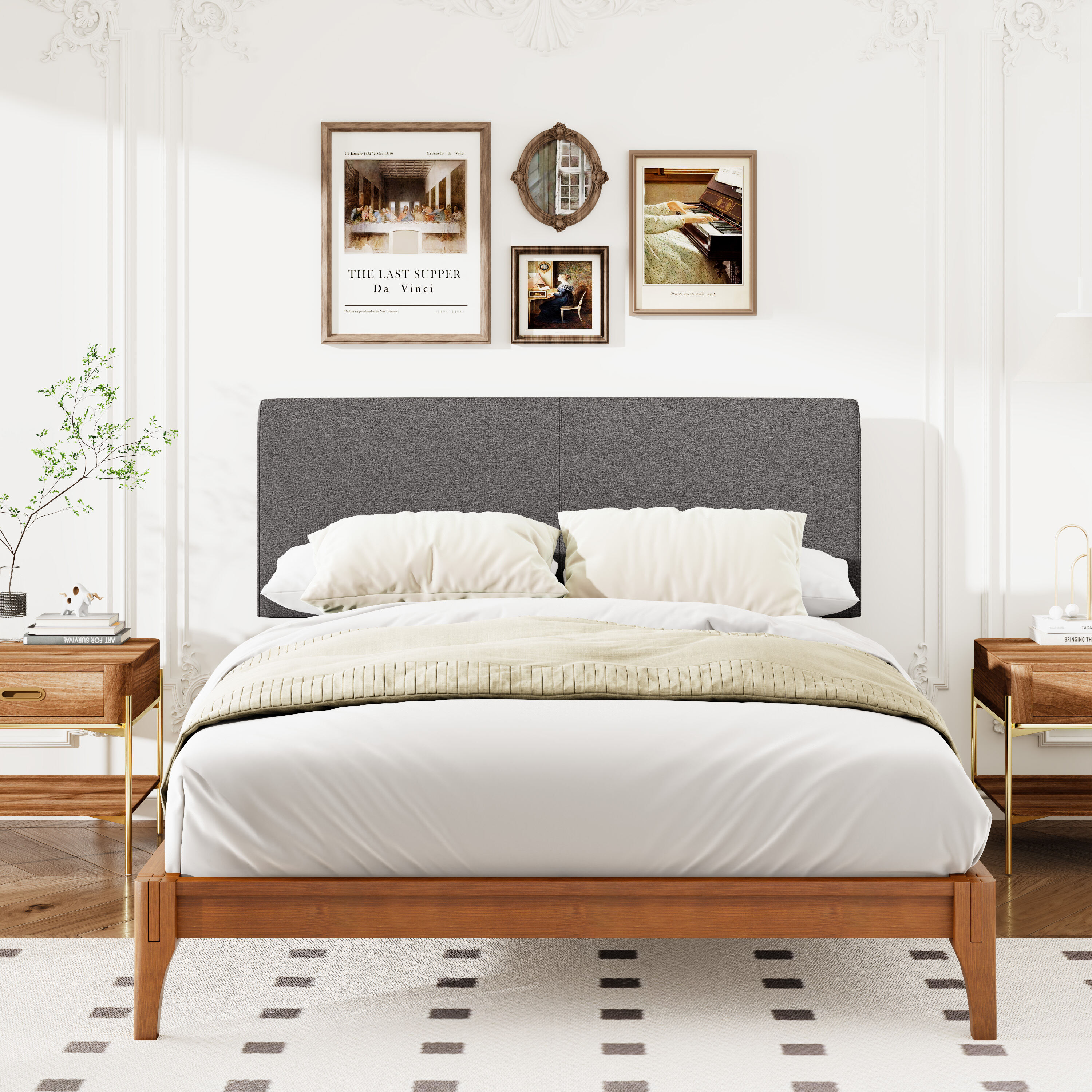 , Grey Curved Adjustable Headboard Full, Grey ,Linen , Grey Curved Adjustable Headboard Full
