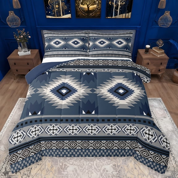 jejeloiu Rustic Western Aztec Bedding Comforter Set,Bohemian Geometric Pattern Twin Comforter Sets,Deepblue White Gray Bedding Set For Kids,Luxury Bedroom Decor Reversible,2 Pieces