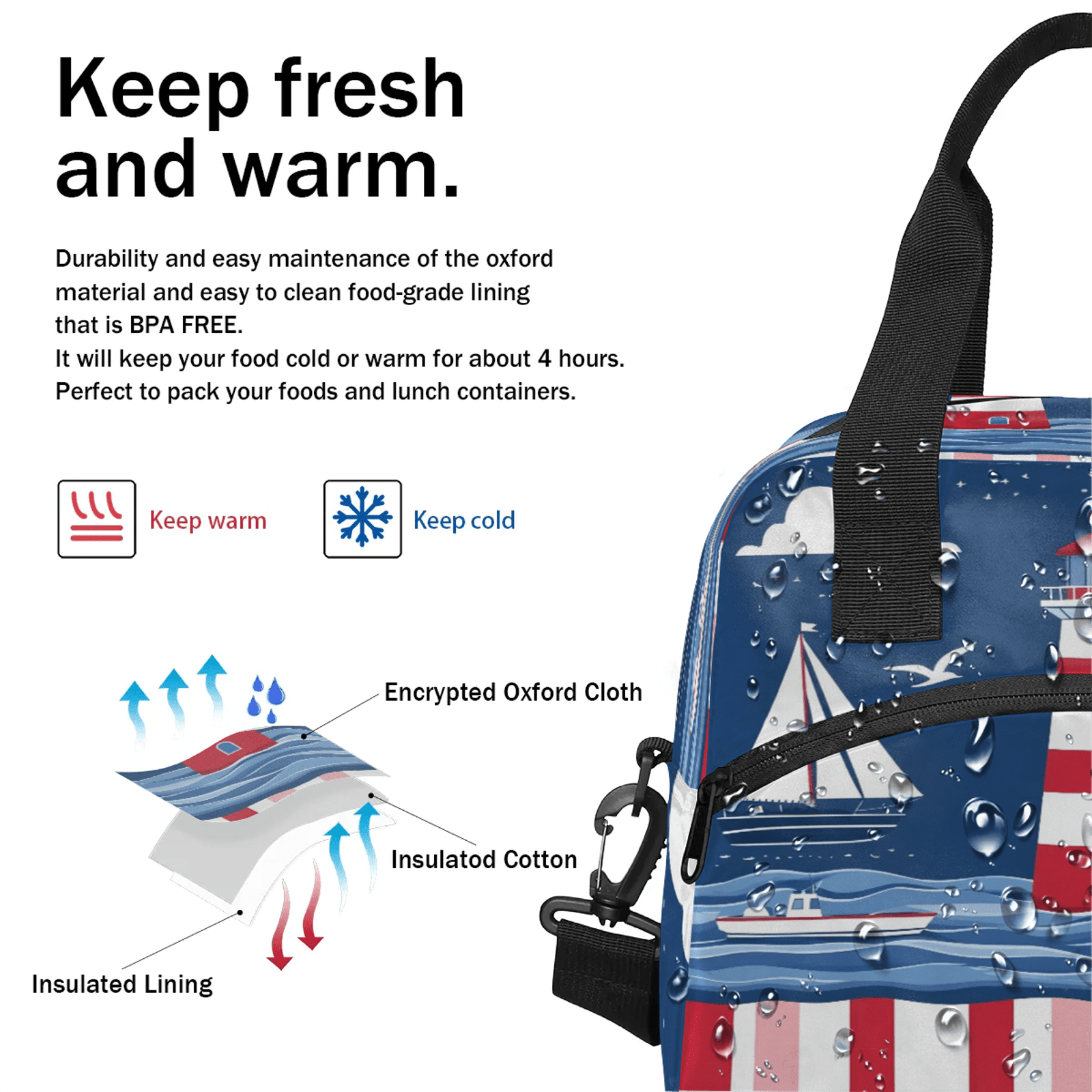 Herdesigns Lighthouse Lunch Bag for Women Men Adult, Ocean Beach Theme Large Insulated Reusable Lunch Box Leakproof Portable Cooler Tote Bags for Work Picnic Beach