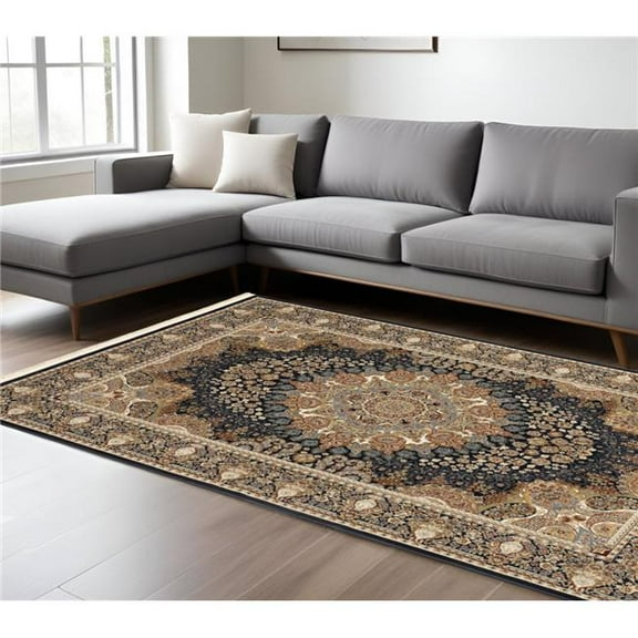 HomeRoots 576380 10 x 13 ft. Medallion Rectangle Area Rug with Fringe - Navy Blue, Tan & Ivory