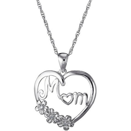 Diamond Accent Sterling Silver Flower MOM Heart Necklace
