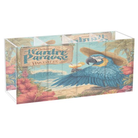 WOBOGO Blue Macaw Acrylic Pen Holder 4 Compartments Clear Pencil Organizer Makeup Brush Storage Case