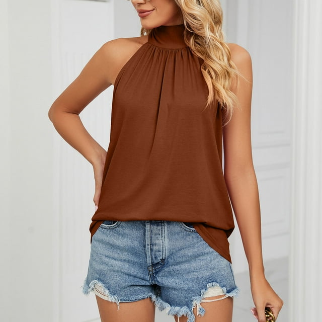 Camiseta sin mangas de color puro para mujer, camiseta sin mangas con cuello alto y lazo de color puro para mujer, camiseta sin mangas con tirantes y cuello halter, funcionamiento suave