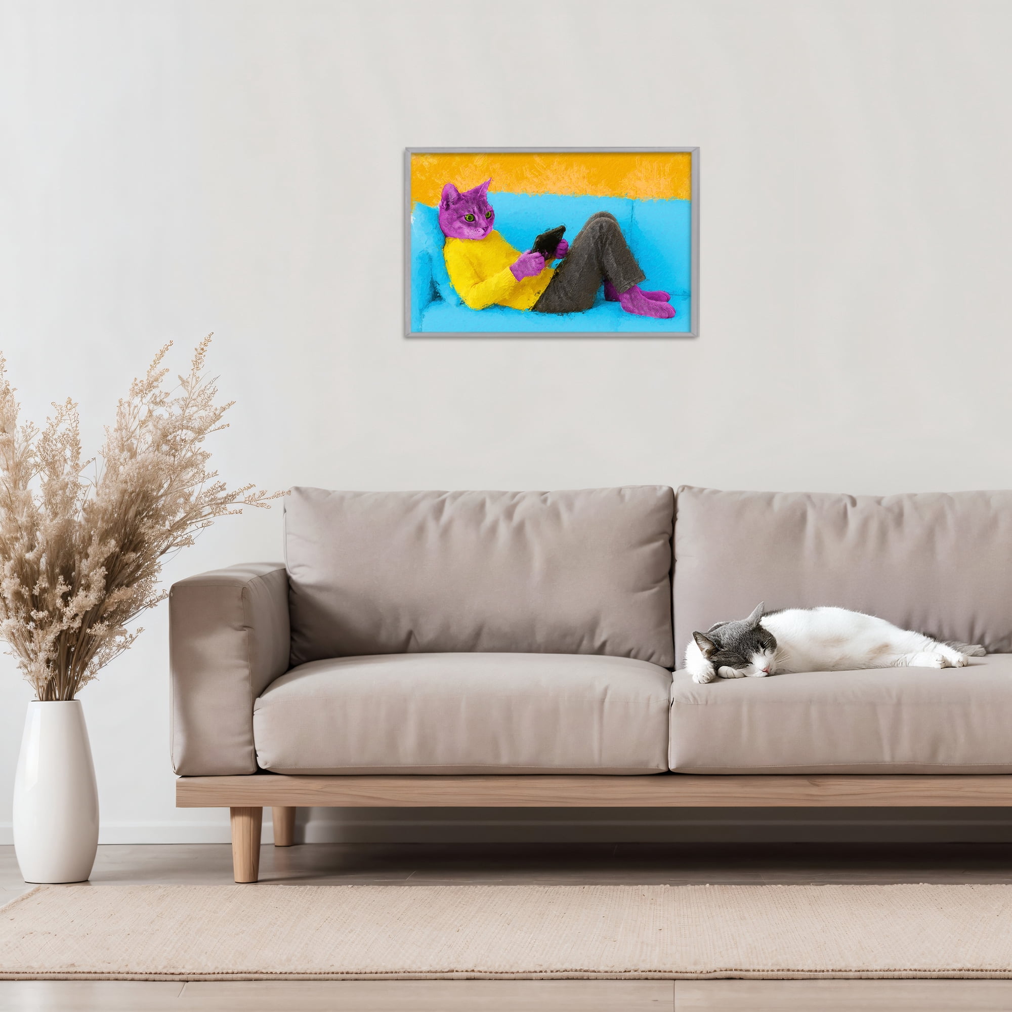 Stupell Industries Vibrant Cat Playing Game Gray Framed Giclee Art, design by Sean Parnell
