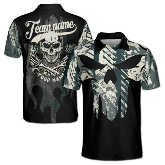 Personalized Camo Mechanic Skull Grunge Men's Polo Shirt S-5XL