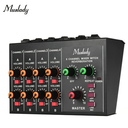 Muslady M-228A Compact Size 8-channel Mono/Stereo Audio Sound Mixer with Reverberation Function 60Hz Frequency