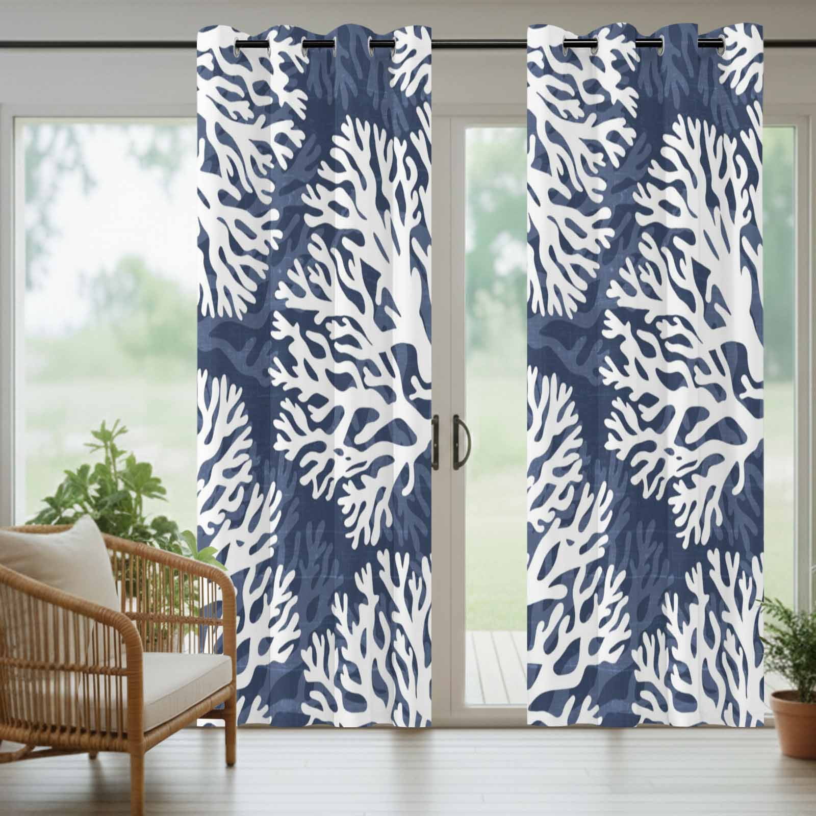 Navy Blue Coral Outdoor Curtains for Patio, Coastal Ocean Beach Summer Nautical Modern Sunshade Privacy Drapes Grommet Waterproof Outside Curtains for Porch/Cabana/Balcony 54"x 108", 1 Panel