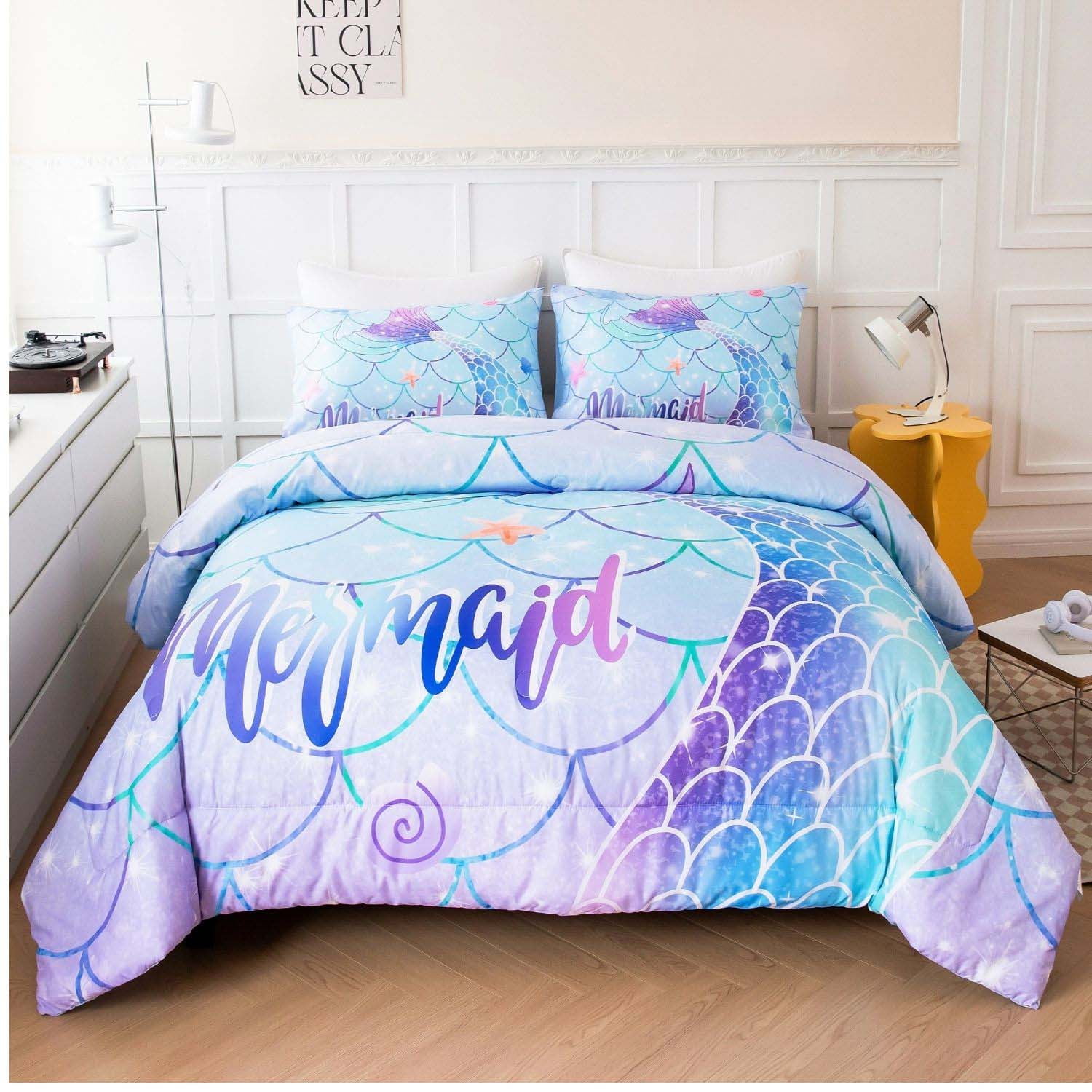 URBONUR Mermaid Tail Twin Comforter Bedding Sets for Girls, 3 Pcs Fish
