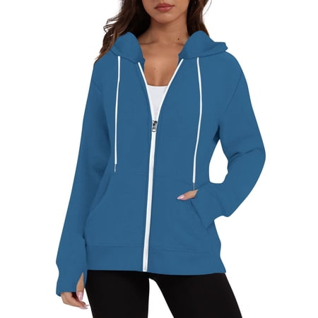 Womens Plain Zip Up Hoodie Womens Fleece Hooded Top Long Sleeve Sweatshirt with Pockets Warm Soft Fall Hoody Jackets Fall Winter Cardigan Zipped Sweat Tops Thermal Outerwear blue L