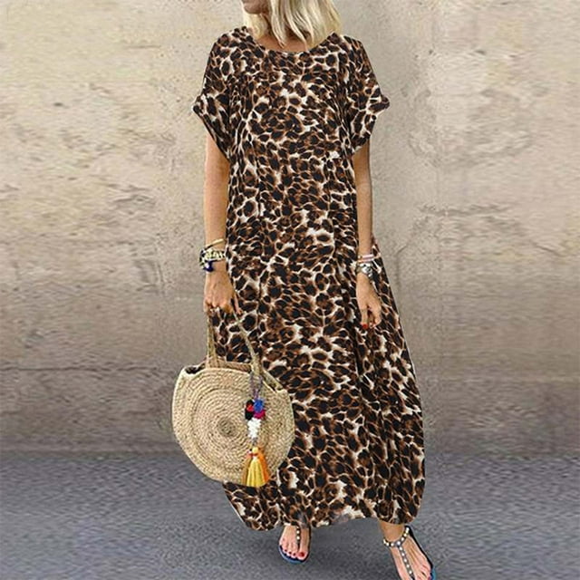 LOVZFMLL Robe Décontractée Mode Femme Imprimé Léopard Manches Courtes Col Rond Ample Marron TG