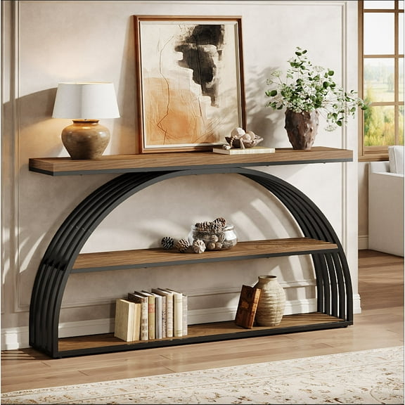 Finmind Farmhouse Console Table for Entryway,  63-Inch Industrial Table with Arched Frame, 3-Tier  Sofa Table for Living Room, Rustic Brown & Black