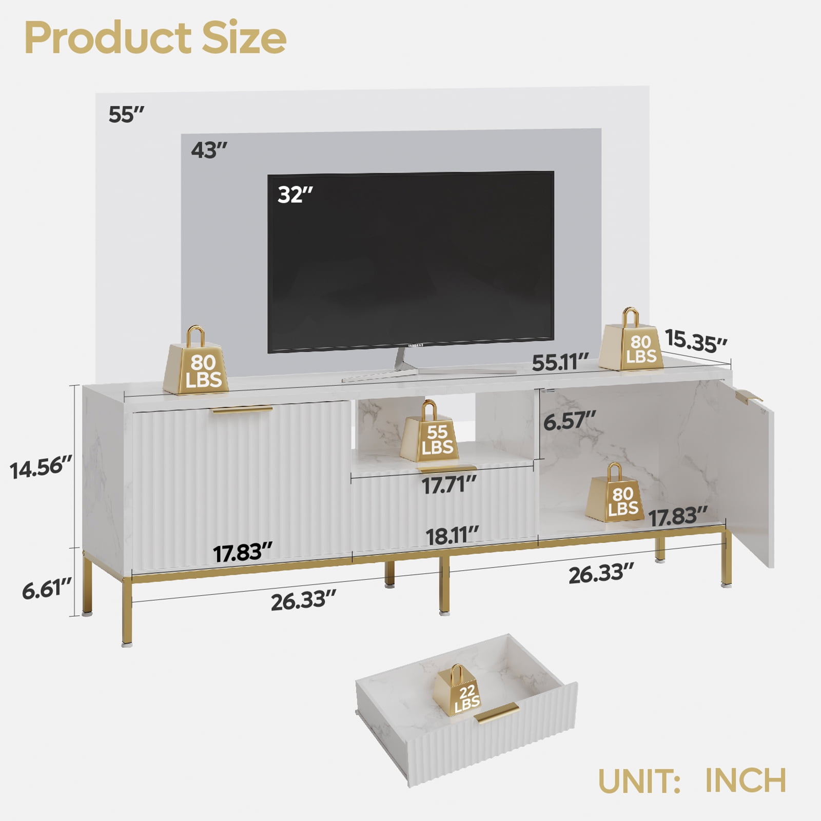 Bestier 55" LED TV Stand for TVs up to 60" Modern High Gloss Entertainment Center with Drawers Cabinets Fluted TV Console, White Marble & Gold