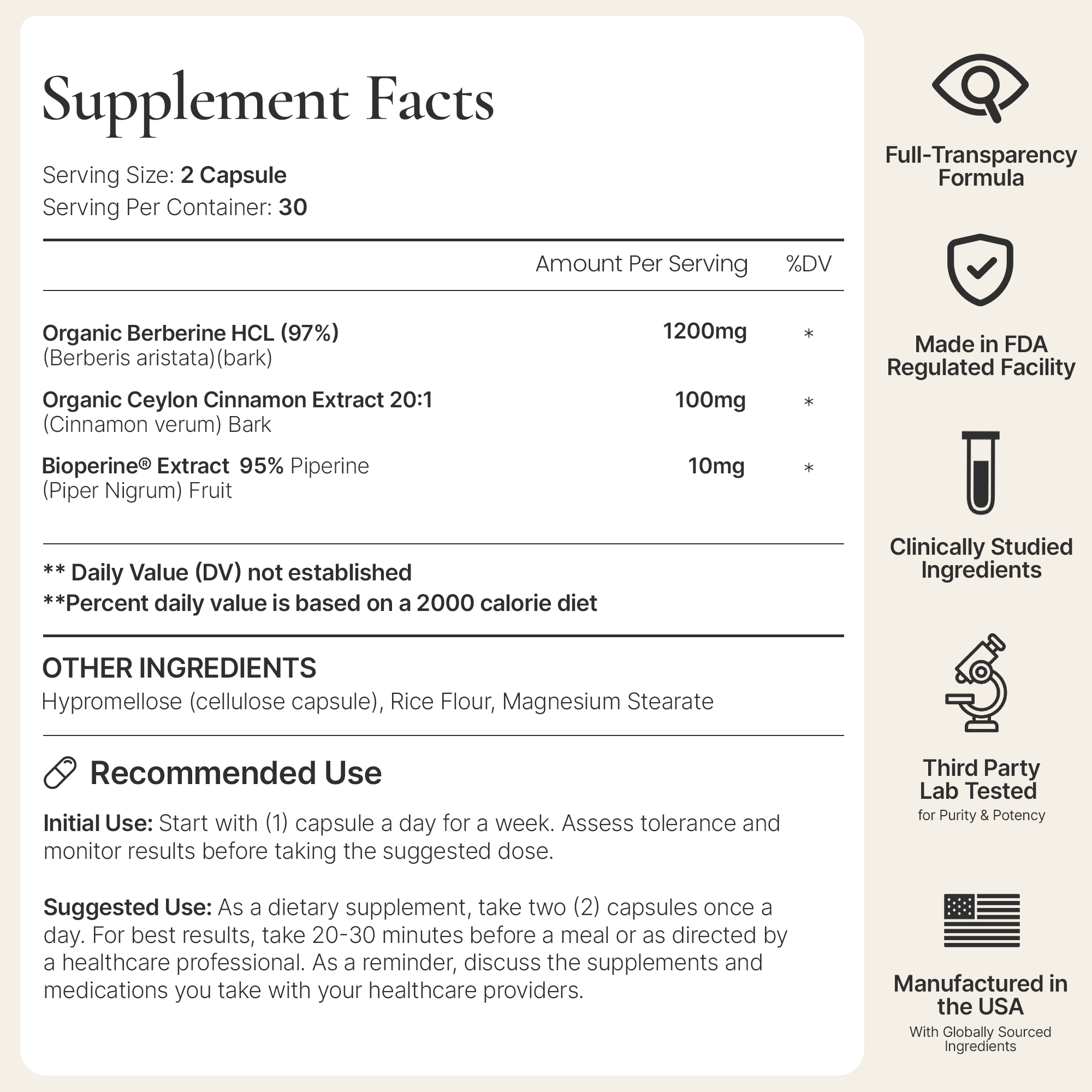 Berberine Supplement – Organic Berberine HCL 1200mg and Ceylon Cinnamon 2000mg – Weight Management & Cravings Support – Gut & Metabolic Support - Enhanced Absorption With BioPerine® (60 Capsules)