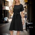 thumbnail image 2 of Loopsun Womens Dresses, Summer Dresses for Women, Fashion Women Solid Color Short Sleeve Round Neck Back Waist Lace Up Fold A-line Skirt Dress Black XXL, 2 of 5