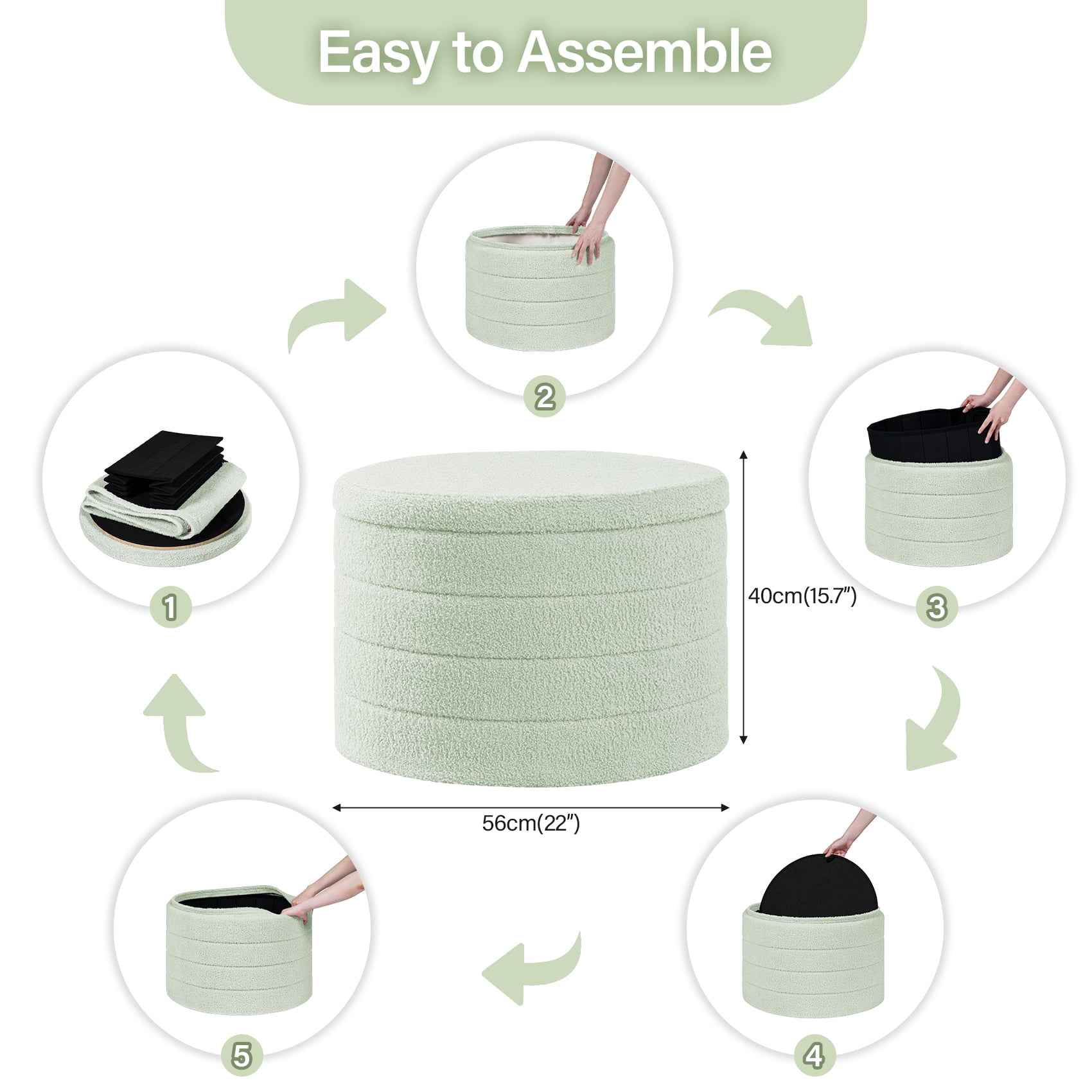 B FSOBEIIALEO Round Storage Ottoman with Tray for Living Room, Perfect for Adults & Kids with Extra Storage Space(Green)