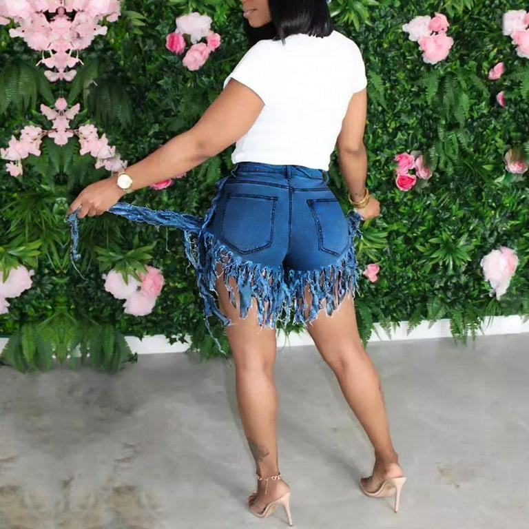 Vivianyo HD Fringe Jeans Short Pants for Women Plus Size