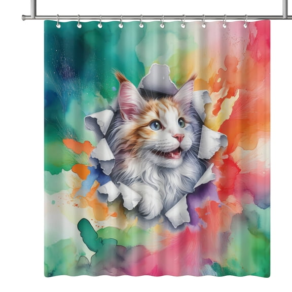 Funny Watercolor Adorable Maine Coon Peeking Through Torn Paper Effect Shower Curtain Cat Lover Kitten Owner Gifts Waterproof Bathroom Bathtub Curtain - 00026