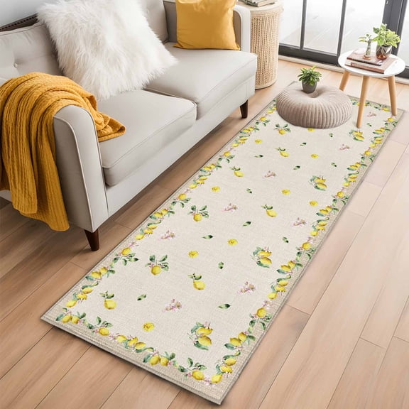 Summer Lemons 2'x6' Runner Rugs for Hallway Kitchen Bedside Non Slip Washable, Pastoral Tropical Fruits Burlap Entryway Rug Runners with Rubber Backing, Long Carpet Runner for Laundry Room